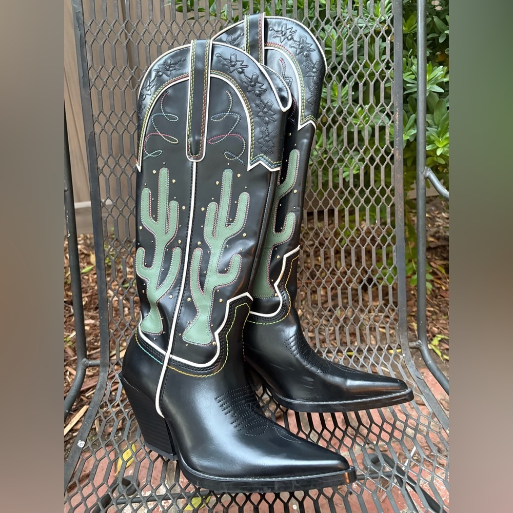 ZARA CONTRASTING KNEE HIGH CACTUS COWBOY BOOTS - Picture 5 of 13